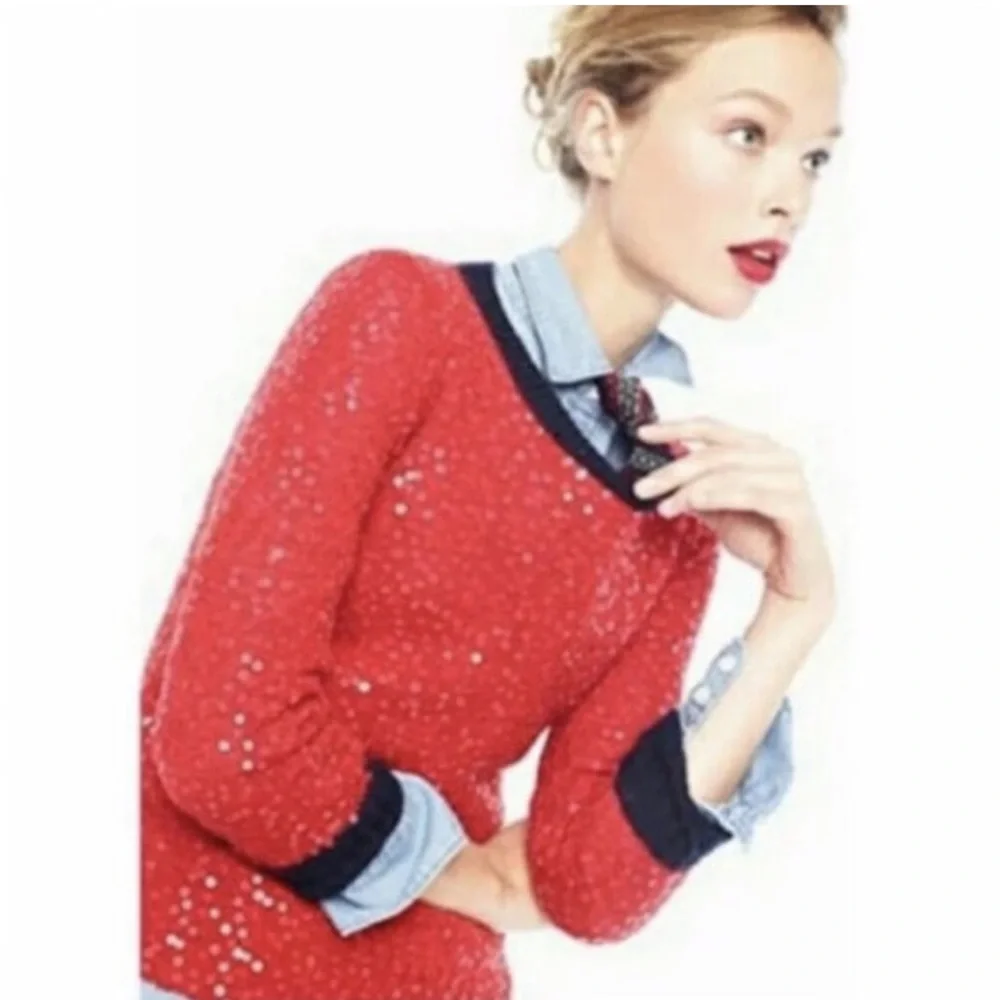 J. Crew Red & Navy Sequin Wool Mohair Blend Crewneck Sweater Small
